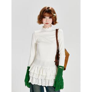 Girlyhalo半高领长袖t恤女秋冬新款多层花边叠穿修身内搭打底衫
