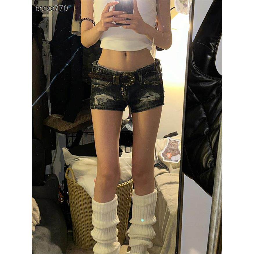 美式y2k大码水洗做旧破洞牛仔短裤女辣妹低腰修身显瘦包臀a字热裤