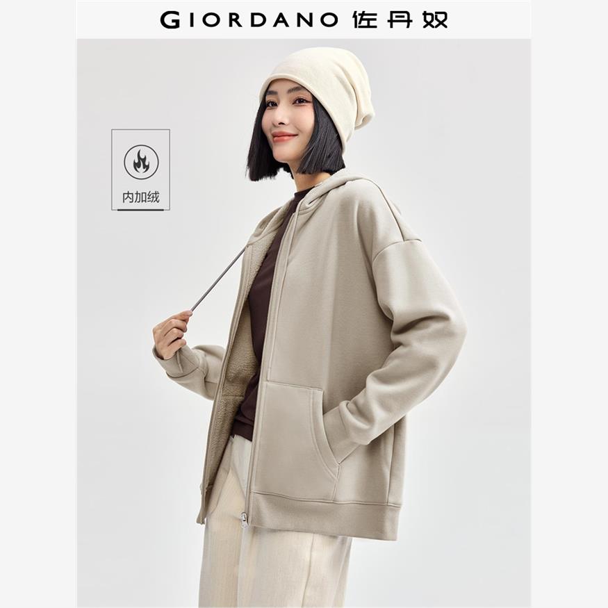 佐丹奴羊毛夹克女士天鹅绒拉炼夹克拉绳连帽袋鼠口袋休闲运动衫夹