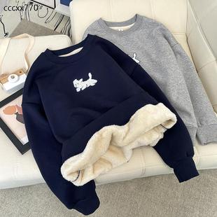 加绒加厚羊羔绒卫衣女秋冬新款韩版宽松超厚保暖套头无帽长袖上衣