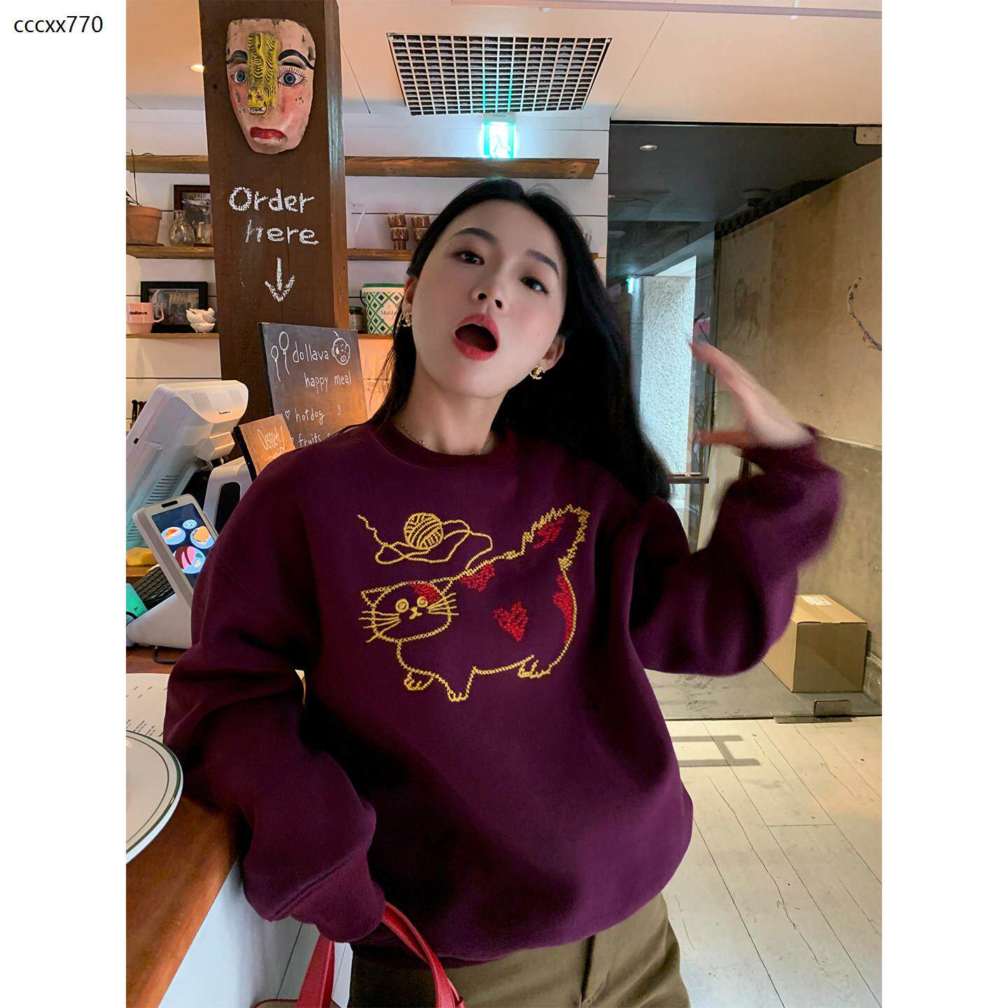 加绒卫衣女2025新款酒红色刺绣宽松套头圆领无帽小个子