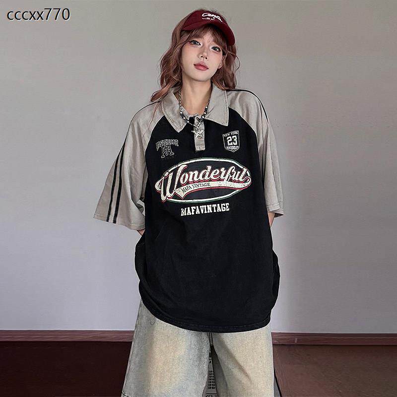 胖mm大尺码美式国潮撞色条纹POLO衫短袖t恤女夏季黑色显瘦百搭上