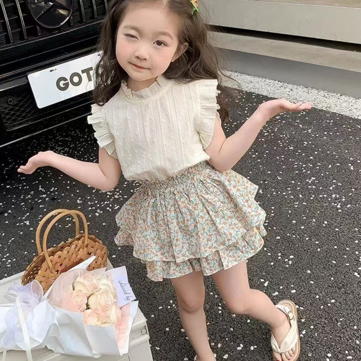 2025夏季新款女童碎花裙裤套装儿童洋气时髦短袖上衣半身裙两件套