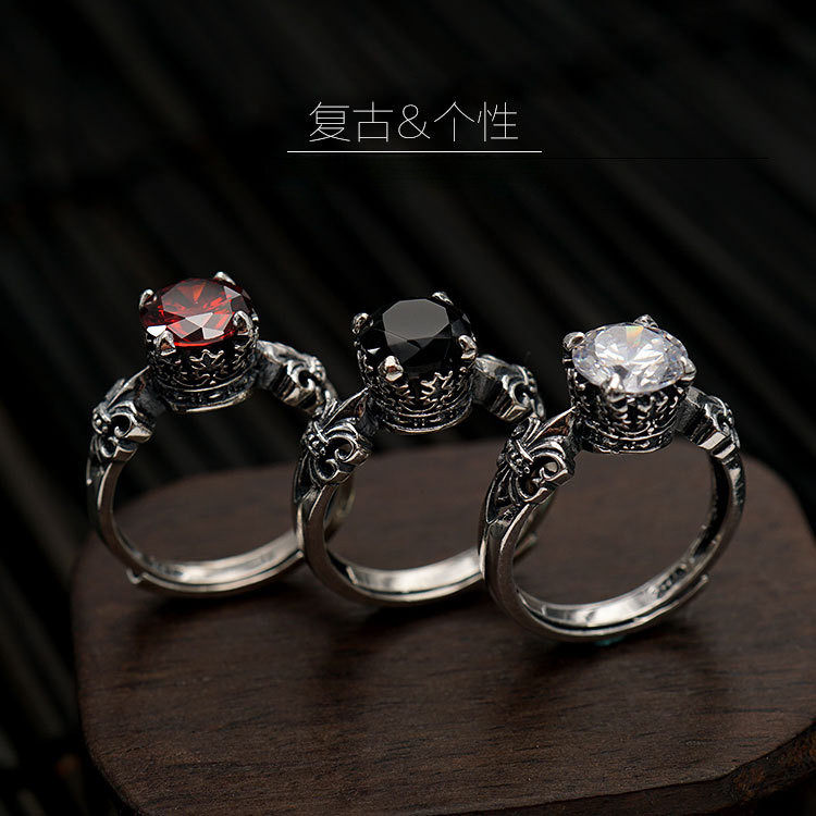 新款黑色锆石开口戒指男女款时尚潮人个性复古指环