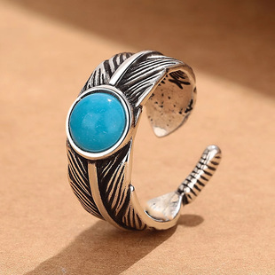 新款复古印第安蓝石羽毛男士戒指个性男女开口时尚简约饰品