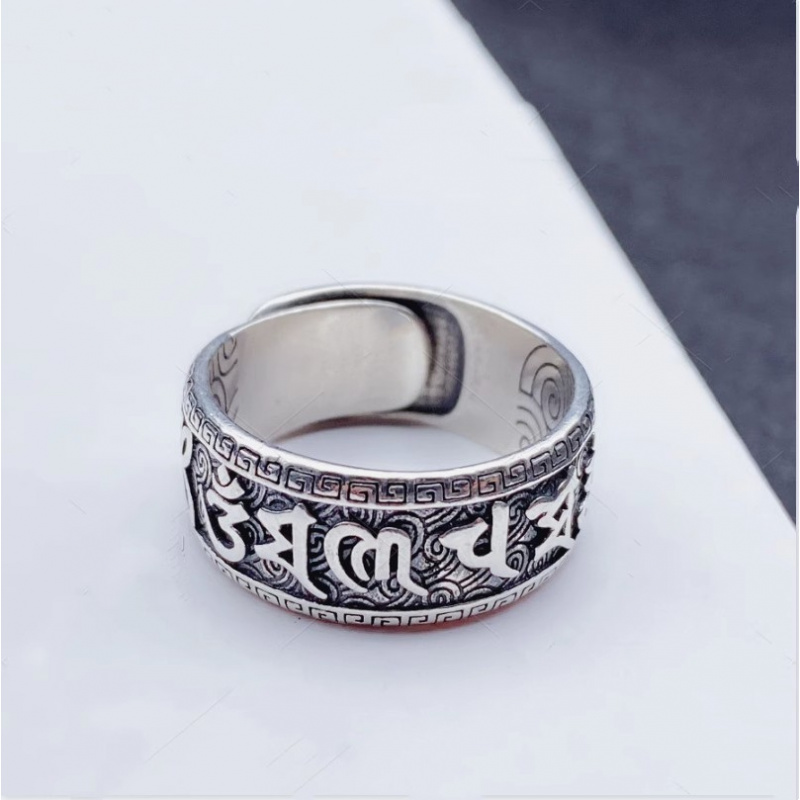 新款六字真言戒指男女士款情侣复古个性开口指环尾指扳指