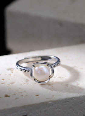 新款小众复古简约花苞圆珠戒指气