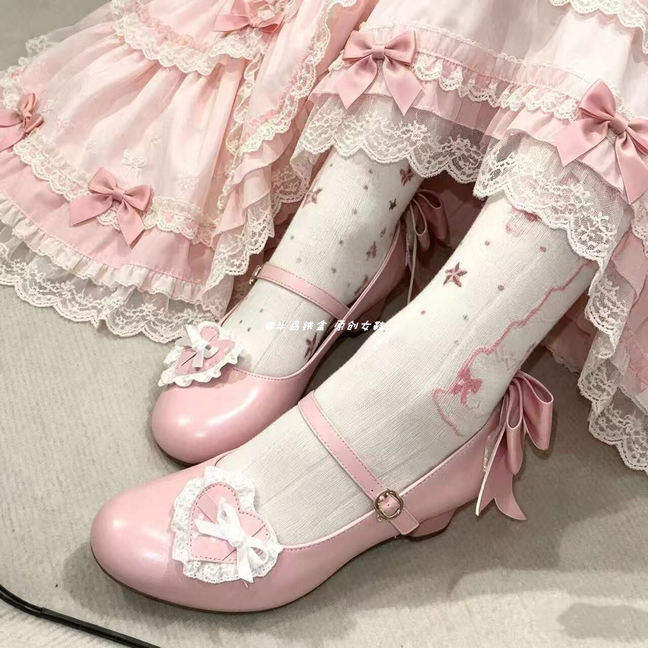 【小点心】法式古着气质Lolita甜美波点小皮鞋蕾丝爱心公主lo鞋