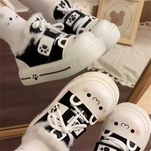 宅系黑白色软萌加绒大头鞋女ins舒适保暖板鞋可爱多厚底休闲鞋子