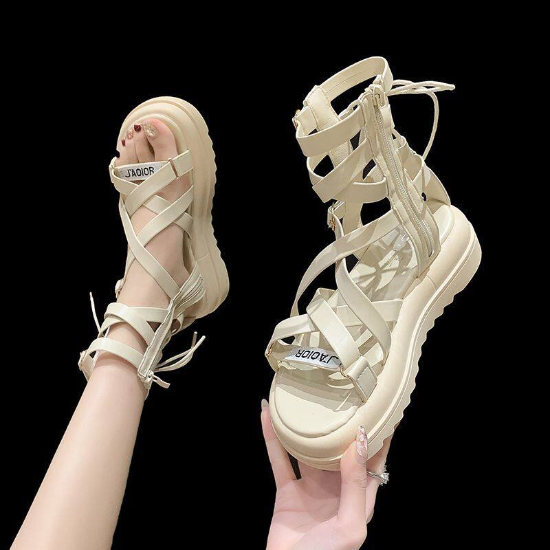 原创镂空设计感罗马鞋女百搭小众法式交叉绑带仙女风高帮舒适凉靴