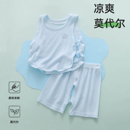 婴儿衣服夏季薄款莫代尔男宝宝夏装开裆短裤分体套装琵琶背心夏天