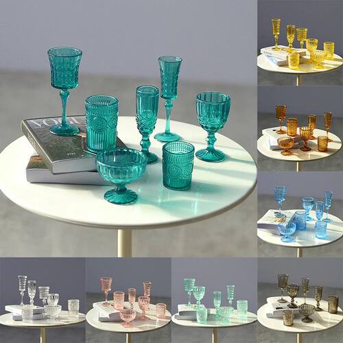 7Pcs 1:6 Dollhouse Miniature Water Cup Carved Wine Glass Cha