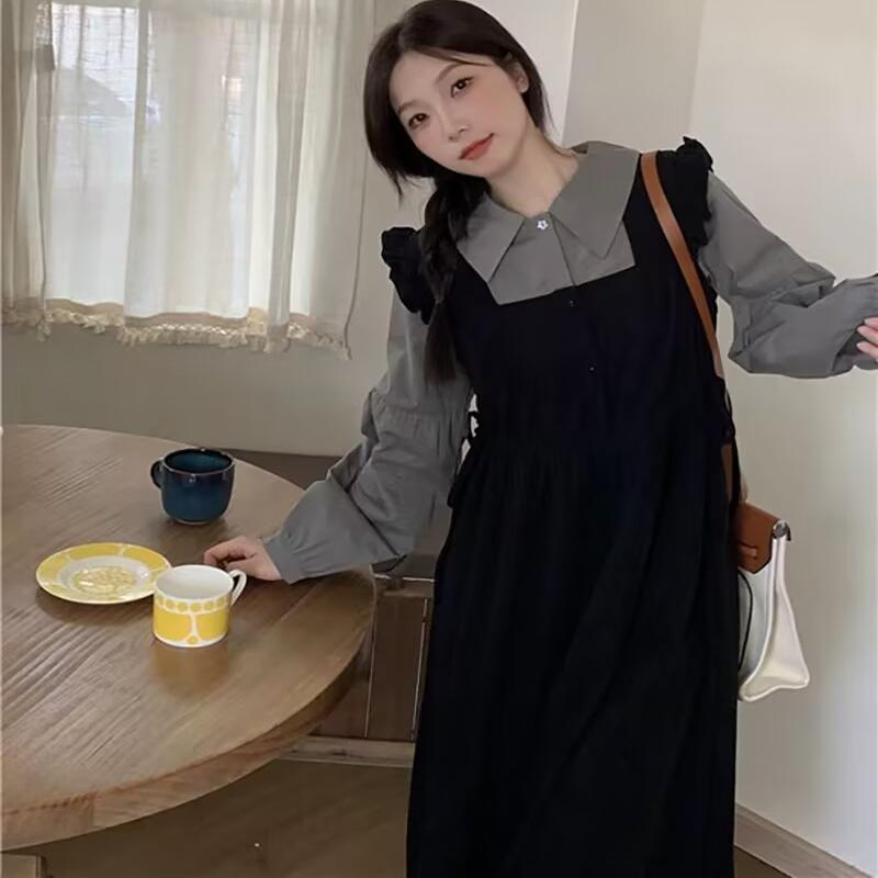 ww维维家假两件宽松长袖连衣裙大码女装裙子秋季胖mm遮肚显瘦长裙