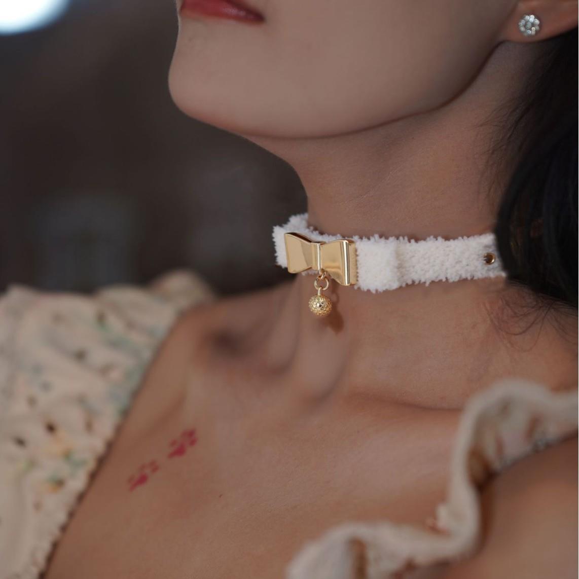 毛绒项圈德风奶油仿泰迪毛绒绒系列蝴蝶结铃铛款夜店项圈