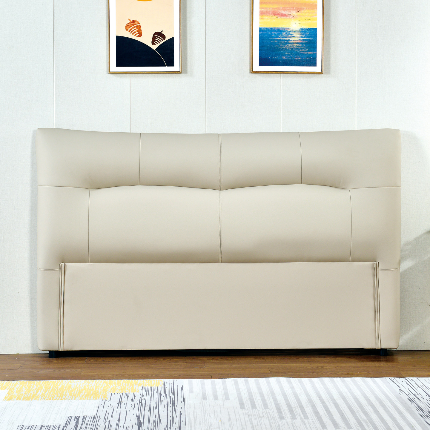 意式极简风皮艺床头现代简约软包床头米白色床头生态真皮主卧床头