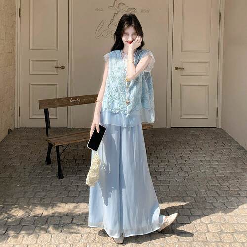 浅蓝色致绣花2B209-26新质中式国风马甲套装女精夏季气独特件漂亮