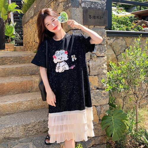 俏韩系学院风卡通印花连衣裙女夏季皮恤减网纱D043-791拼接龄蛋糕