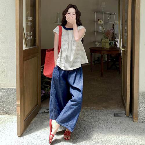 韩系款竖条纹娃衫上夏衣亚麻娃阔腿裤套装女季新减龄C237-881休闲