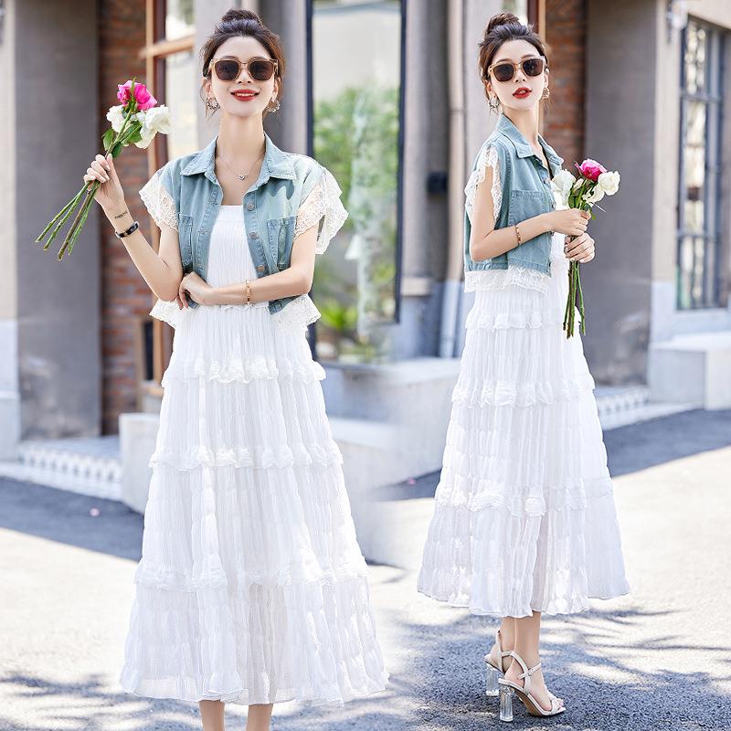 吊伊2568带连轻衣裙女两夏季奢显瘦法式绝美气质牛外仔短袖搭套装