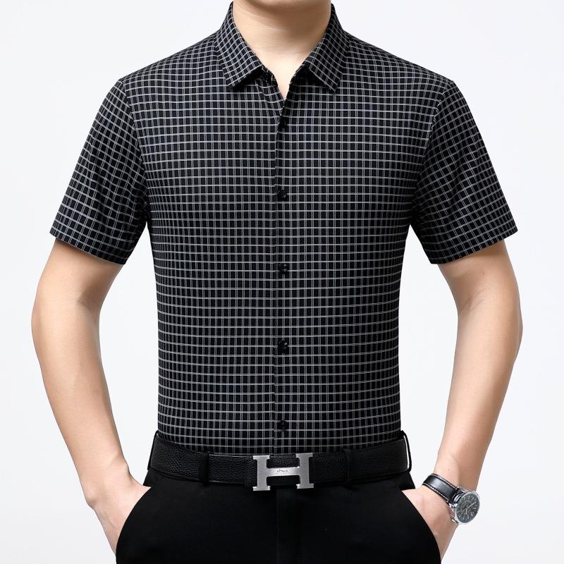 新款季轻商8215-B薄款桑务蚕丝男衬衫中年士开夏衫时尚都市翻领衬