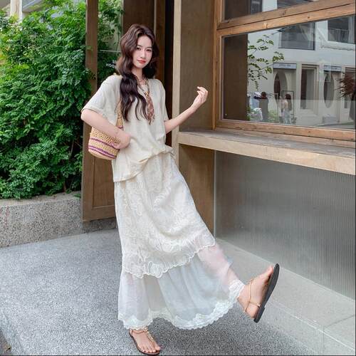 法式肌理感C251-917蕾恤半丝裙套装女身夏季新款甜美显瘦减龄两件