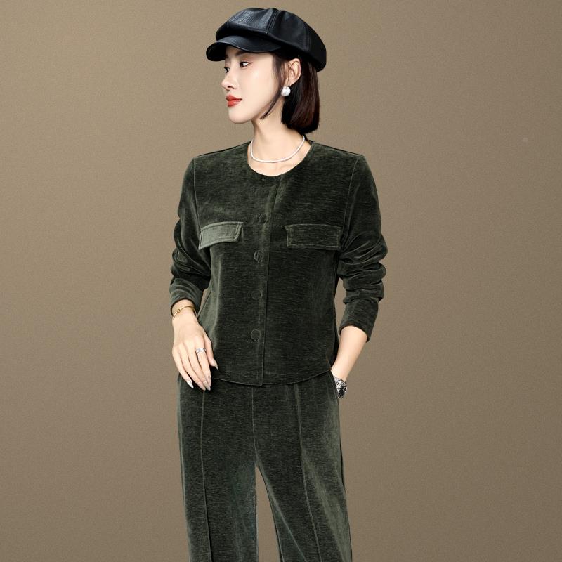 高感运闲动套装87594507女款春秋显瘦减龄气质上衣阔腿裤新休两件