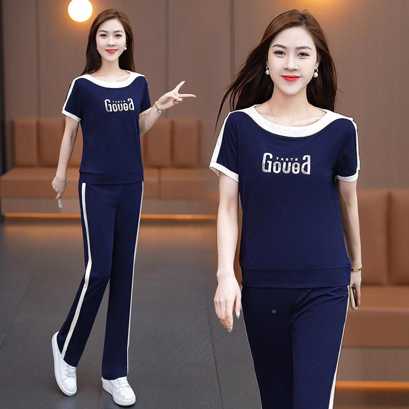 夏装字时尚洋气减百搭777065休闲龄喇叭套装微一领二件套