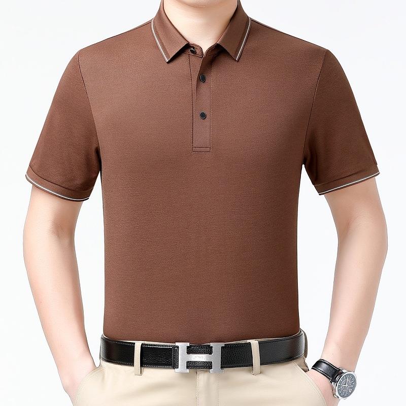 高品质年833-LN桑蚕丝短夏袖恤男领季新款中爸爸商务休闲翻衫