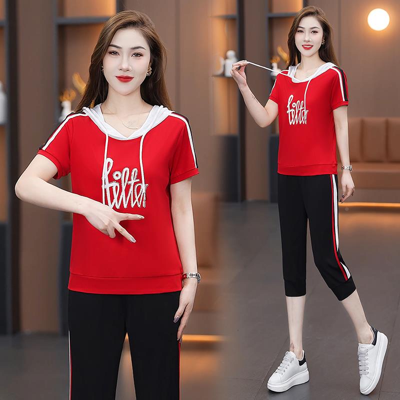时尚运动套款装女夏季新短袖七分裤连帽衣气减洋龄休闲89796409卫