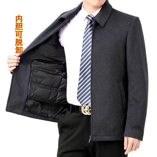 爸爸装冬羊毛年2168-OP夹年克中老男士羊绒外套中秋男装翻领羽绒