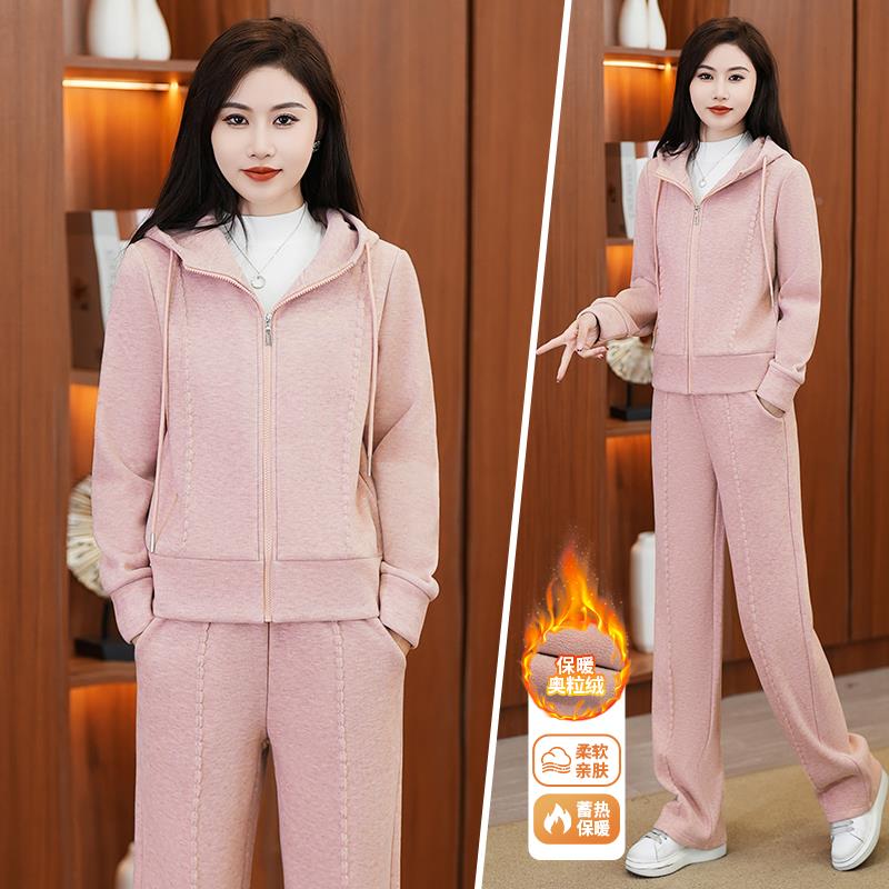 可拉红运动套装女冬新休8415216款加绒连帽秋洋气开安衫加厚闲两