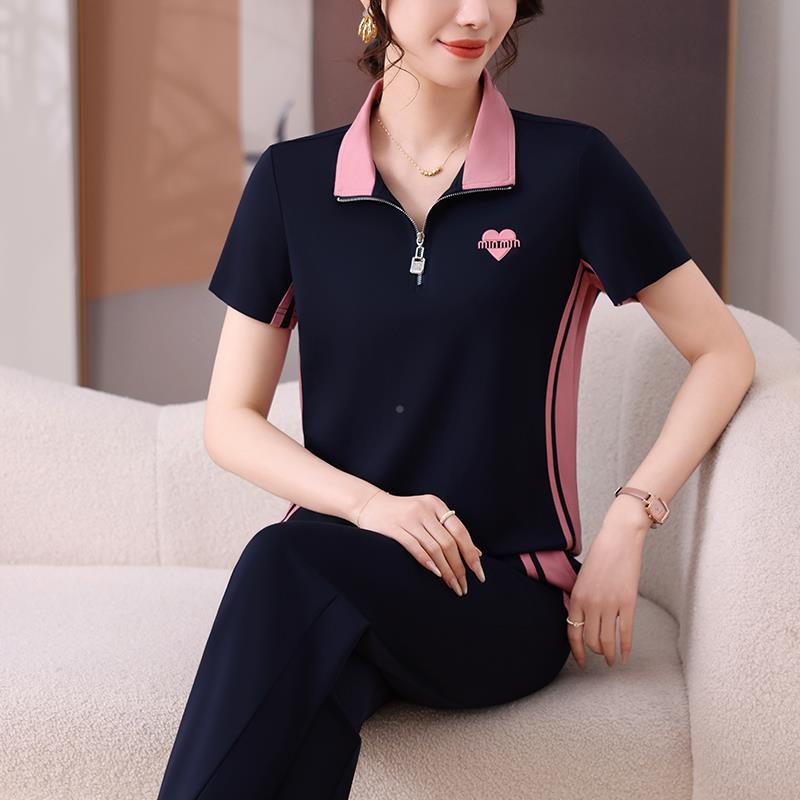 休运闲套装女夏季动薄款跑短袖新款冰丝90620227大码步妈妈夏装两