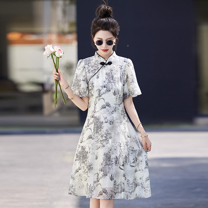 韩6619中式国风良旗袍改水墨画连衣新裙女夏新熟款轻显瘦气质裙子