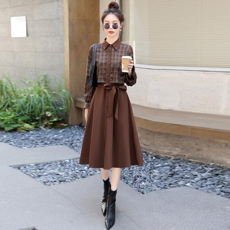 早秋格衣关7206子衬衫连裙款女年秋装新收腰休气质显瘦闲假两件裙