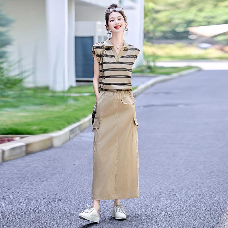 韩系休领袖奕6270条纹上衣套装女夏洋新款闲气工无装半身裙两件套