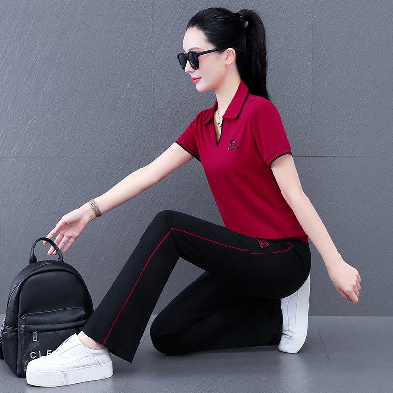 休闲套装女士季9061962新款宽龄松夏洋气妈件妈减妈妈跑步两套