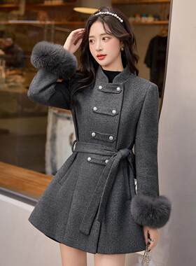 女式羽披绒服冬季可卸风呢子大衣系带ZQ25-110秋收腰毛拆呢外套