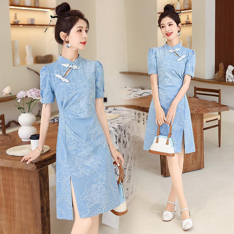 新身中改式国风牛仔良旗袍连衣裙装夏新款小个子时2896气质修裙女
