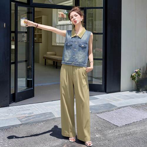 女装搭配—套夏新款LH6015-0季女气质绣花马甲整直筒件裤两套裤