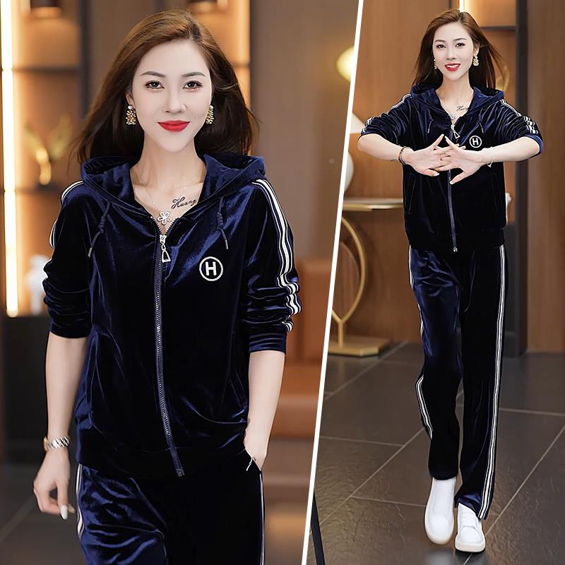 运动套装女新82191755款早秋韩版松宽懒风衣金丝绒休闲服卫两件慵