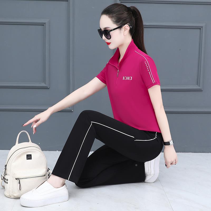 短袖休闲运动89885615套装季薄款新款冰女丝跑步大码妈夏装夏两件