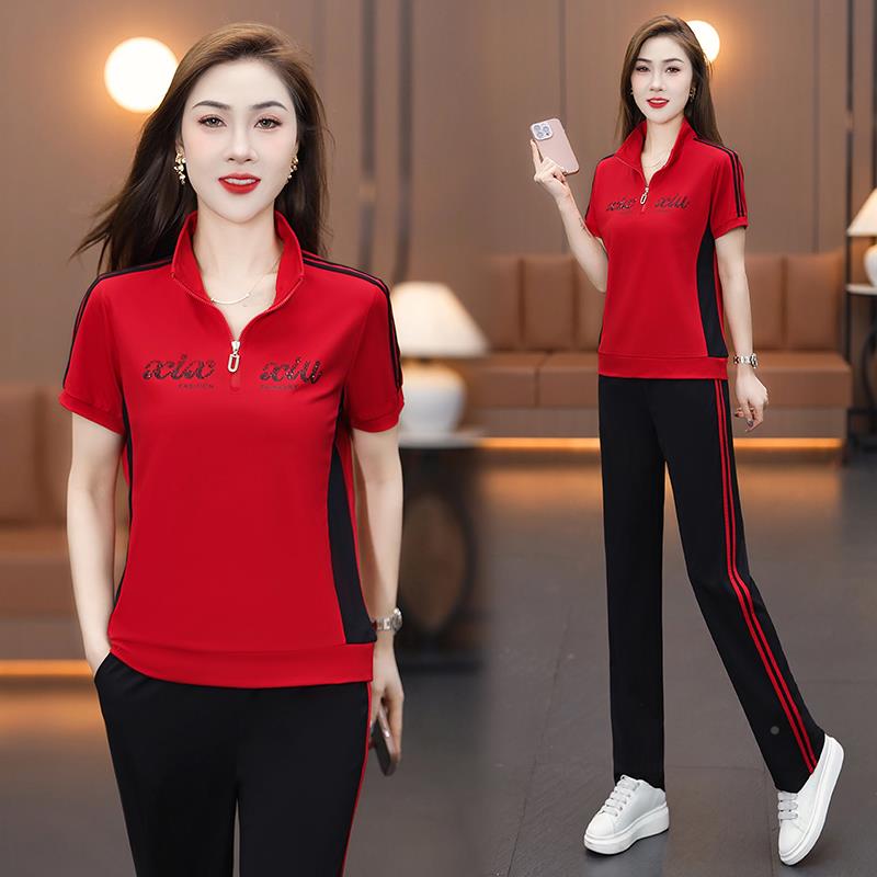 丝运动冰套装女夏服季新短款洋气显瘦89790861袖直筒裤休闲时尚两