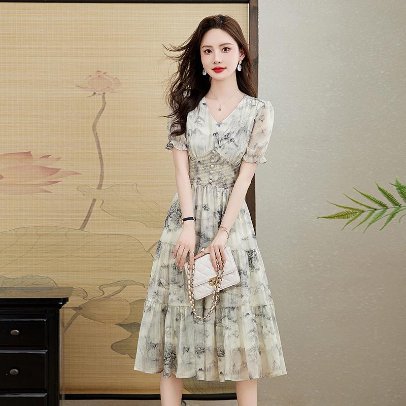 国连衣裙款女装风气质中长款夏季显瘦中水墨倪1011-2印花新天丝裙