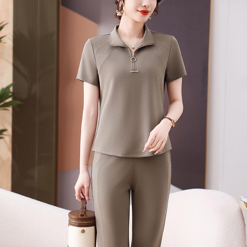 运动步套女夏季新款洋气显瘦减立领8982874短袖龄休装闲跑服两件