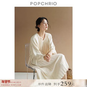 收腰长裙女秋 宽松圆领系带连衣裙立体褶皱法式 到手259元 长袖