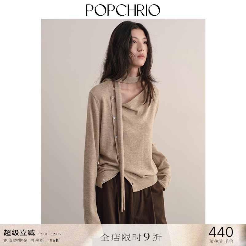 POPCHRIO复古飘带荡领羊毛针织衫