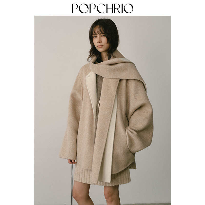 POPCHRIO欧可芮◆蚕丝混纺围巾领双面呢短款大衣羊毛毛呢外套女