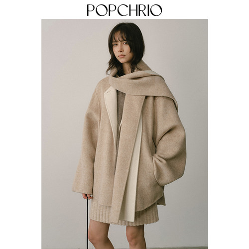 POPCHRIO蚕丝混纺围巾领短外套