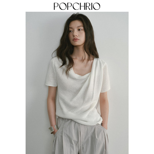 05/31新品 别致松弛感和纸纱短袖针织衫不规则领宽松T恤上衣女夏