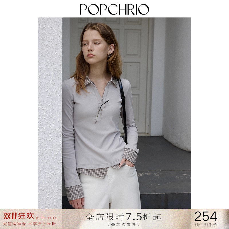 衬衫领假两件长袖Polo